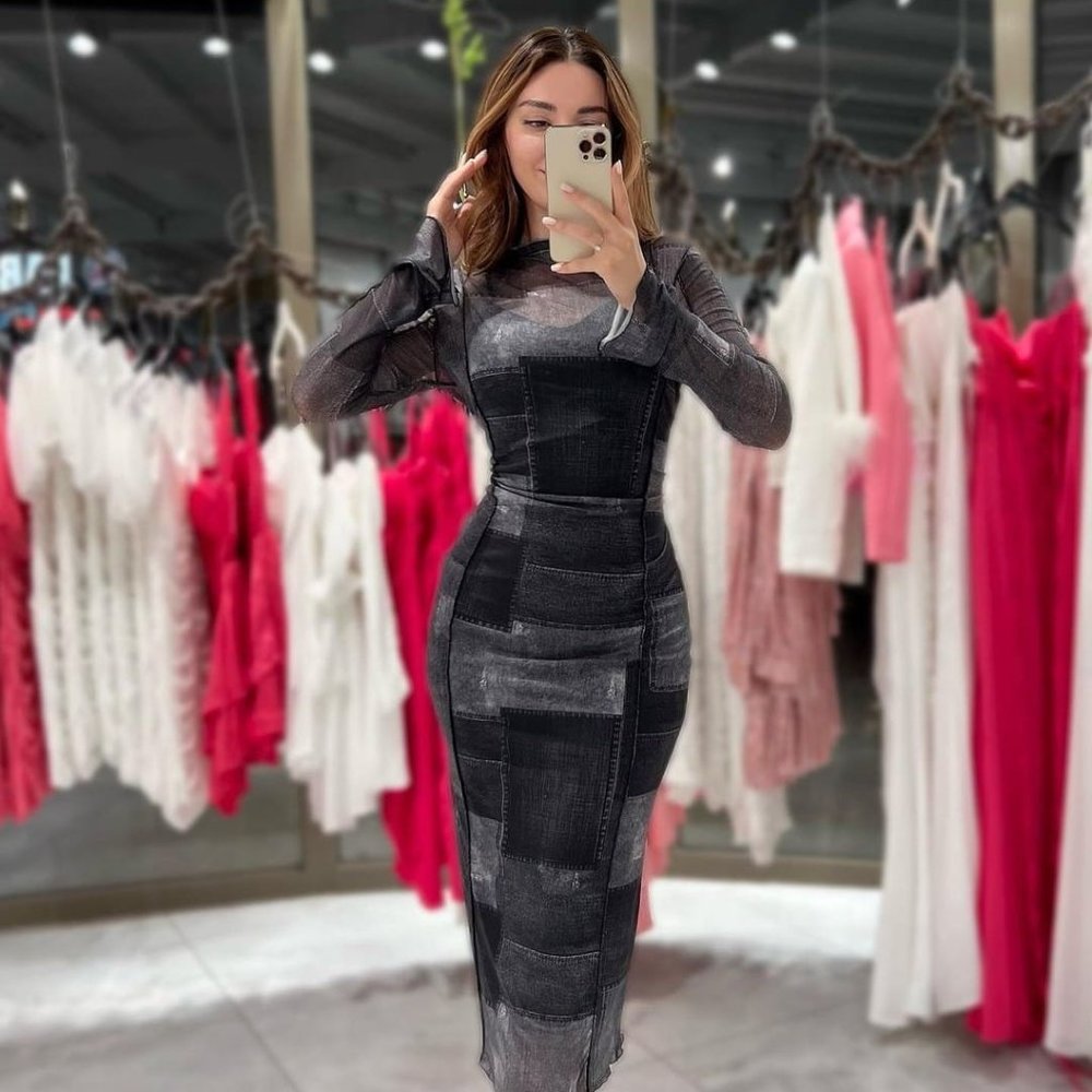 Trendy Turkish Design: Women's Denim Dress with Chiffon Long Sleeves